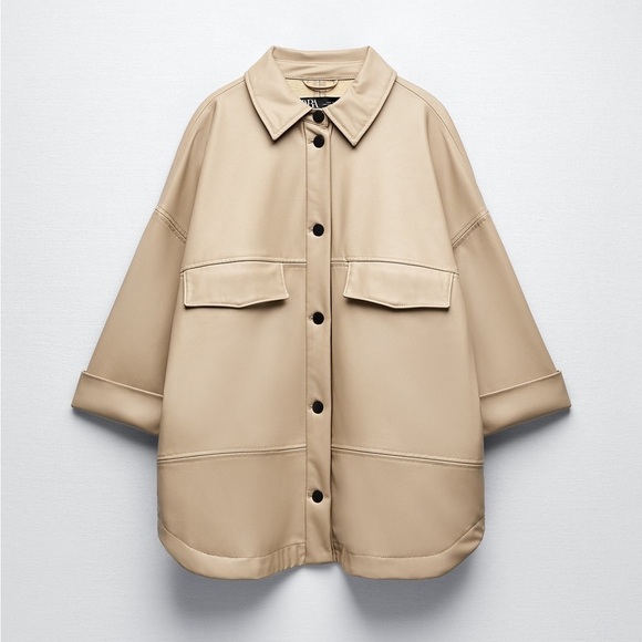 NWT. Zara Beige Faux Leather Overshirt with Chest Pockets. Size S. - Picture 1 of 10